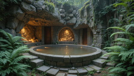 Natural hot spring with stone structure and lanterns is located in a forest area filled with ferns.の素材