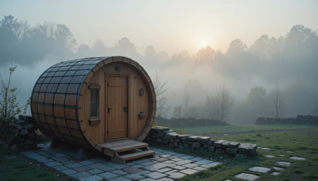 Wooden barrel house is in a foggy area as the sun rises behind trees in the distance.の素材