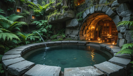 Warm water flows into a stone pool surrounded by plants, creating a cozy space for relaxation during dusk.の素材