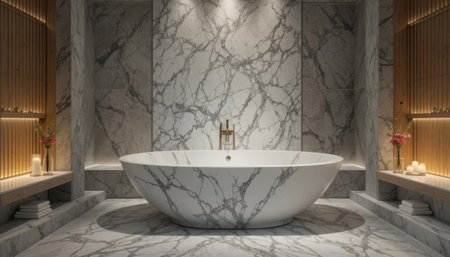 Large marble bathtub sits in modern bathroom with warm lighting, decorative elements, and floral accents surrounding itの素材