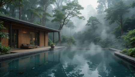 Wooden house stands next to a calm pool surrounded by mist and trees during early morning light.の素材