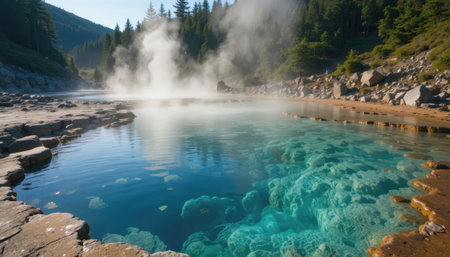 People relax in a natural hot spring as steam rises above clear water in a mountain forest under a bright sky.の素材
