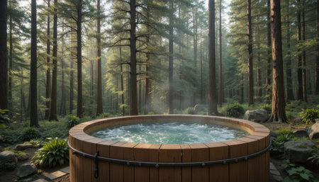 Wooden hot tub filled with steaming water is located in a forest with tall trees and green plants during morning hoursの素材