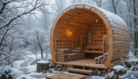 Wooden cabin in snow with stacked firewood outside in a forest area during winter.の素材