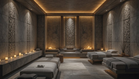 Spa room offers massage tables with candles and soft light for wellness and relaxation.の素材