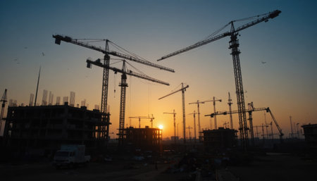Cranes work on a construction site as the sun sets in an urban area during the evening.の素材