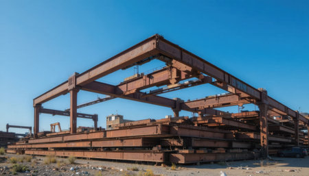 Steel beams are stacked at a construction site under a blue sky, showing an industrial environment with activity.の素材