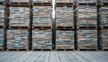 Wooden pallets are arranged in stacks filled with assorted materials in a storage area during daytime activities.の素材