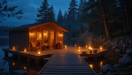 Wooden cabin on a dock by the lake is lit by lanterns as night falls and trees surround the area.の素材