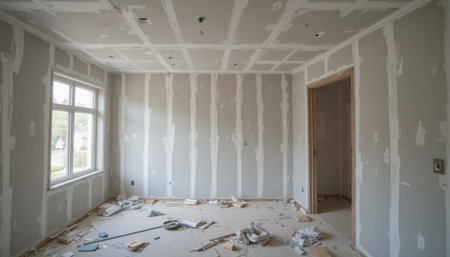 Room shows drywall being installed with debris and materials spread across the floor during renovation work.の素材