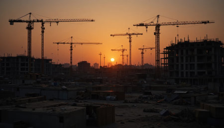 Cranes work at a construction site with buildings in progress as the sun sets in the background over the city.の素材
