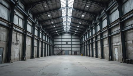 Wide open area of a warehouse with high ceilings and natural light streaming through large windows in the daytime.の素材