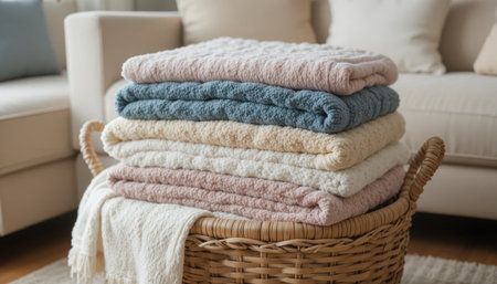Blankets in various colors are neatly arranged in a basket near a sofa in a living room setting.の素材