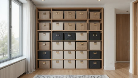 Boxes are organized on a shelf in a room with large windows and simple decor, showing a minimalist design.の素材