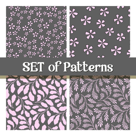 Soft Delicate Botanical Seamless Pattern Set with Gentle Natural Plant Elementsのイラスト素材