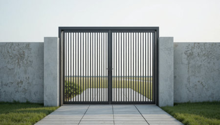 A large gate with vertical bars stands open, leading to a grassy space and bright blue sky.の素材