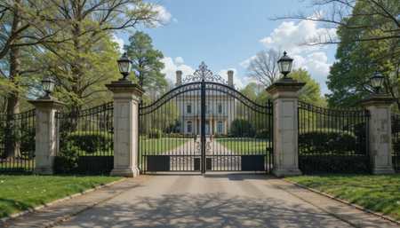 A large gate stands open, revealing a grand mansion behind it, surrounded by trees and a clear blue sky.の素材