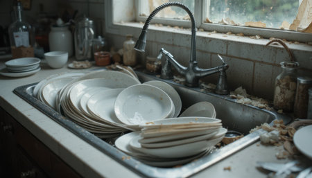 Dishes are stacked in a sink with leftovers scattered around, showing a messy kitchen situation.の素材