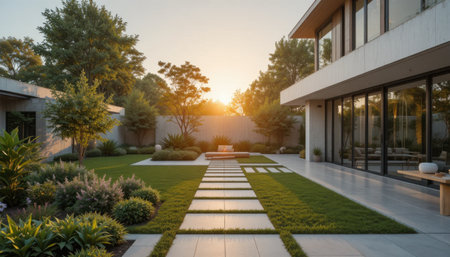 Bright morning light shines through trees in a garden with a stone pathway leading to a relaxing outdoor area.の素材
