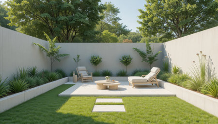 A garden area features two loungers placed on a patio surrounded by plants and concrete walls during daylight.の素材