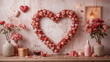 Roses form a heart shape on a wall, surrounded by vases and candles placed on a table with soft lighting.の素材