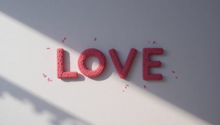Pink letters spell love on a white wall. Shadows create patterns around the letters in late afternoon light.の素材