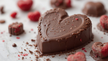A heart shaped chocolate sits among raspberry pieces and small chocolate shapes on a flat surface during the day.の素材