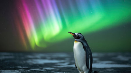 A penguin is on ice with vibrant northern lights shining above during a dark night in a remote area.の素材