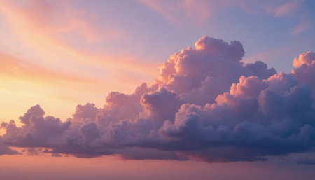 Clouds fill the sky during sunset with shades of pink and orange as the day ends.の素材