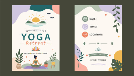 yoga retreat invitation set featuring a calming nature scene, yoga practitioner, plants