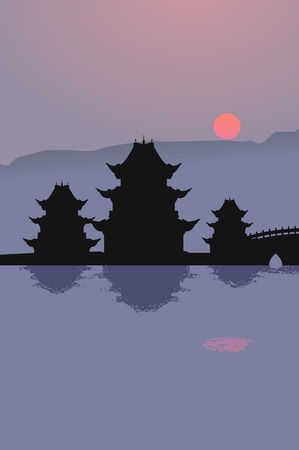 Shinto shrine on sunset background. Vector illustrationのイラスト素材