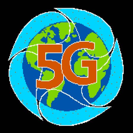 5g internet logo with a view of the planet earth around which small satellites fly in the...