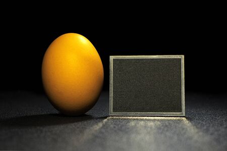 Yellow egg with place for text. Yellow egg on black background. ?opy space. Food photoの写真素材