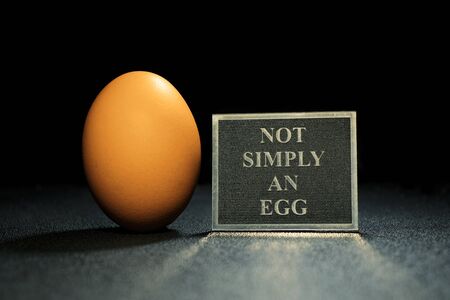 egg on a black background with a sign on which is written not simply an eggの写真素材