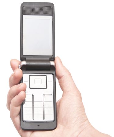 Mobile phone in the hand isolated on white の写真素材