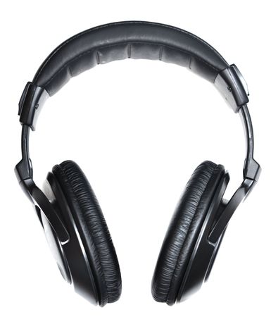 black headphones isolated on whiteの写真素材