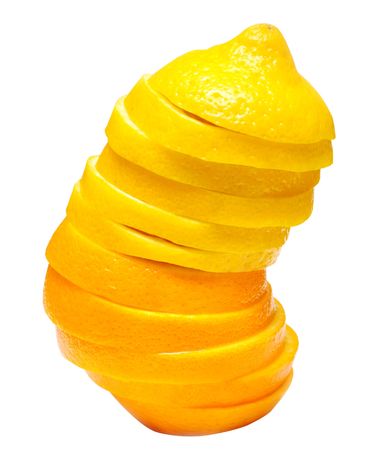 orange with lemon cut with segments on white backgroundの写真素材