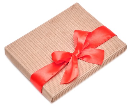 gift box and red ribbon isolated on white background の写真素材
