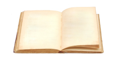 an old book with blank yellow stained pages on white