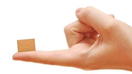 small empty envelope on woman's finger. Isolated on white