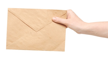 Hand with the envelope against the white background の写真素材