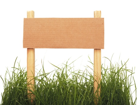 cardboard sign with grass isolated on a white backgroundの写真素材