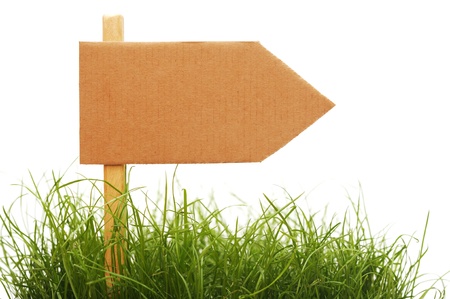 cardboard sign with grass isolated on a white backgroundの写真素材