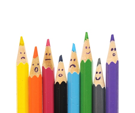 Happy group of pencil faces as social network isolated on whiteの写真素材