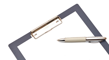 Clipboard and papers isolated on white background の写真素材