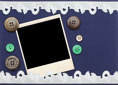 Retro background or greeting card with old picture and lacy borderの写真素材