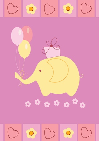 Baby shower card with cute elephant, gift box and colorful ballのイラスト素材
