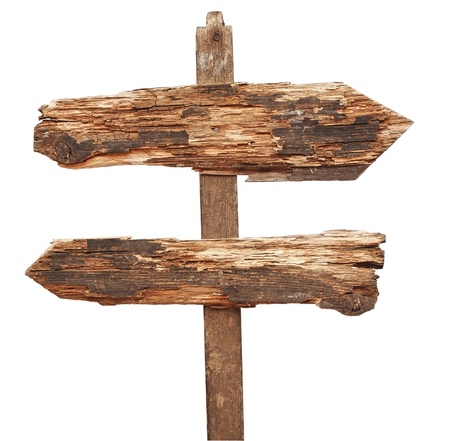 vintage wooden arrows road sign isolated on whiteの写真素材