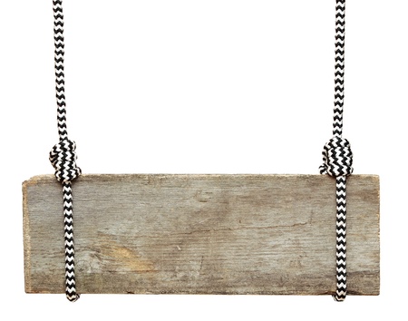 wooden sign with striped rope isolated on a white backgroundの写真素材