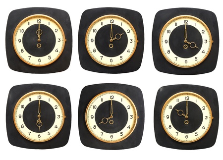 Collection old clocks wall on white background. Timezone clockの写真素材